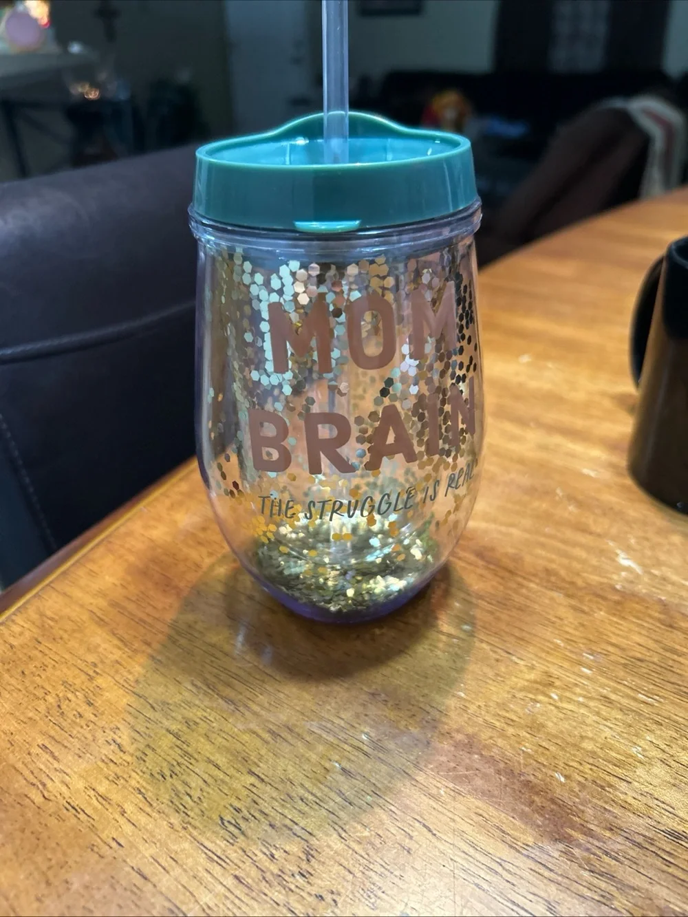 Mom Brain Glitter Travel Tumbler with Teal Lid